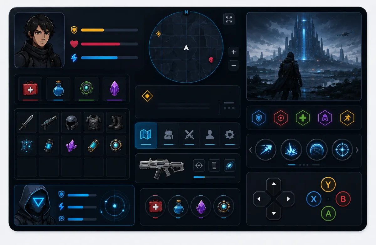 Game UI mockup with HUD, minimap, inventory grid, ability icons, and gamepad controls