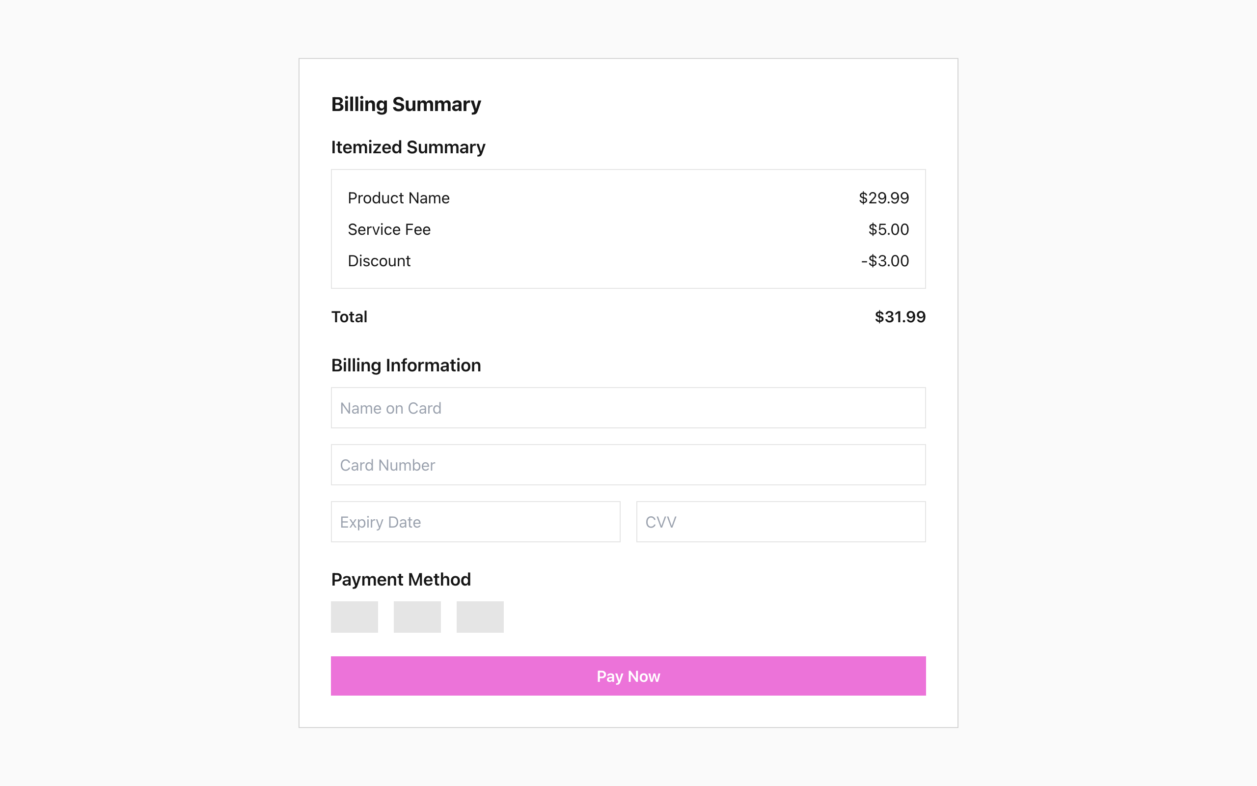 Wireframe example for Billing