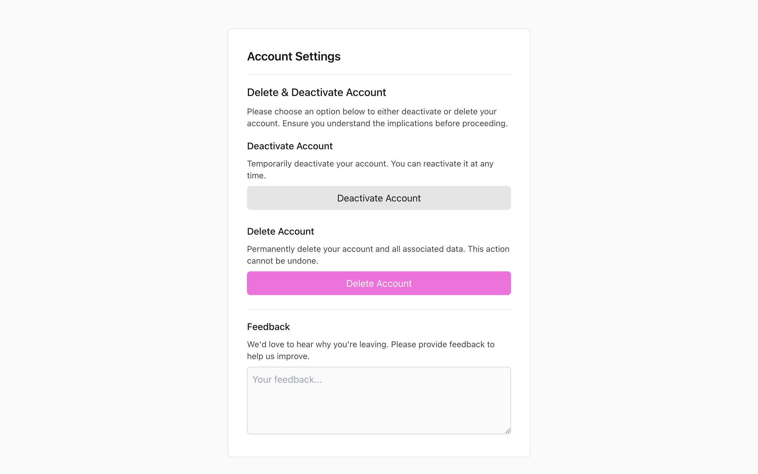 Wireframe example for Delete & Deactivate Account