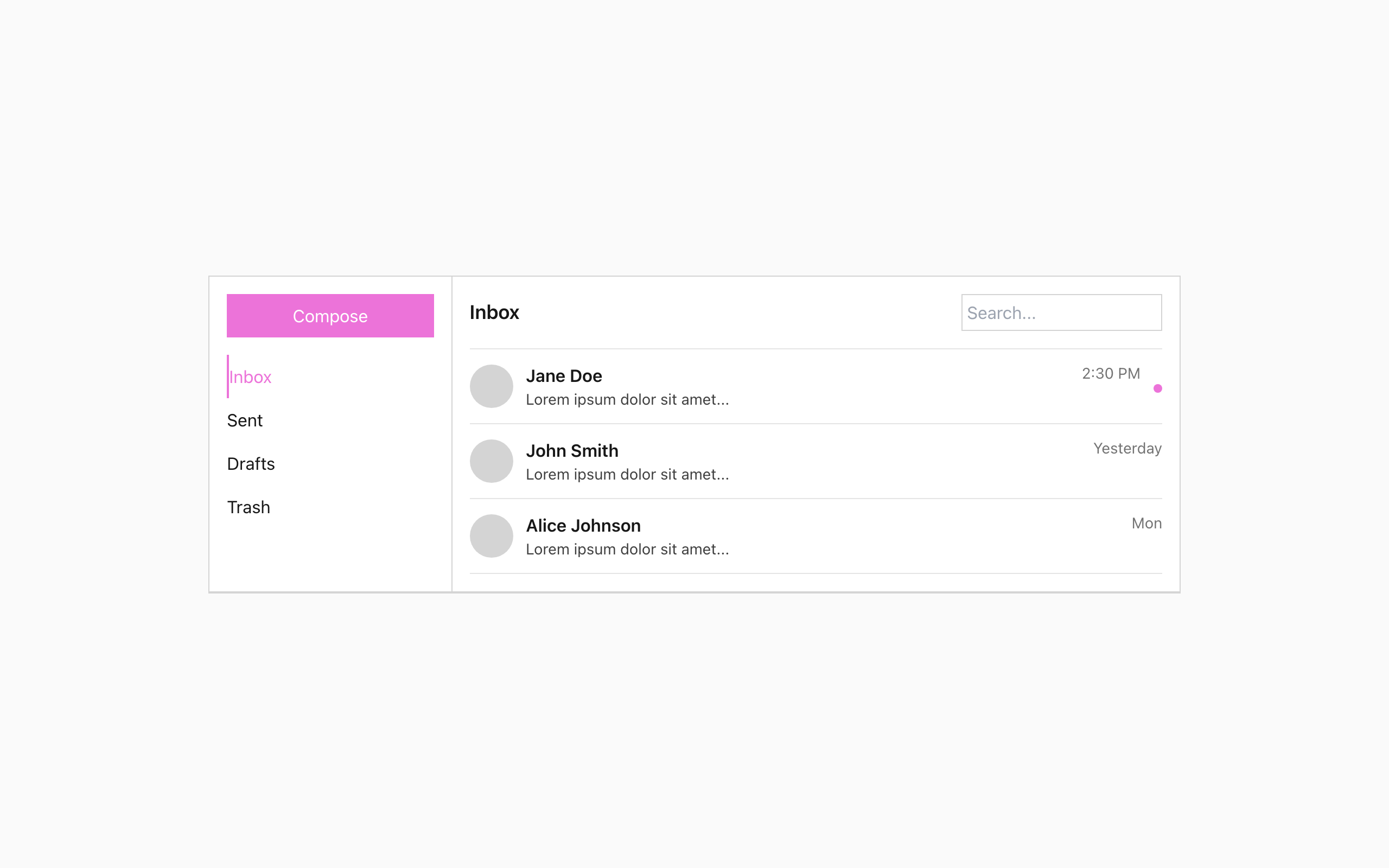 Wireframe example for Emails & Messages