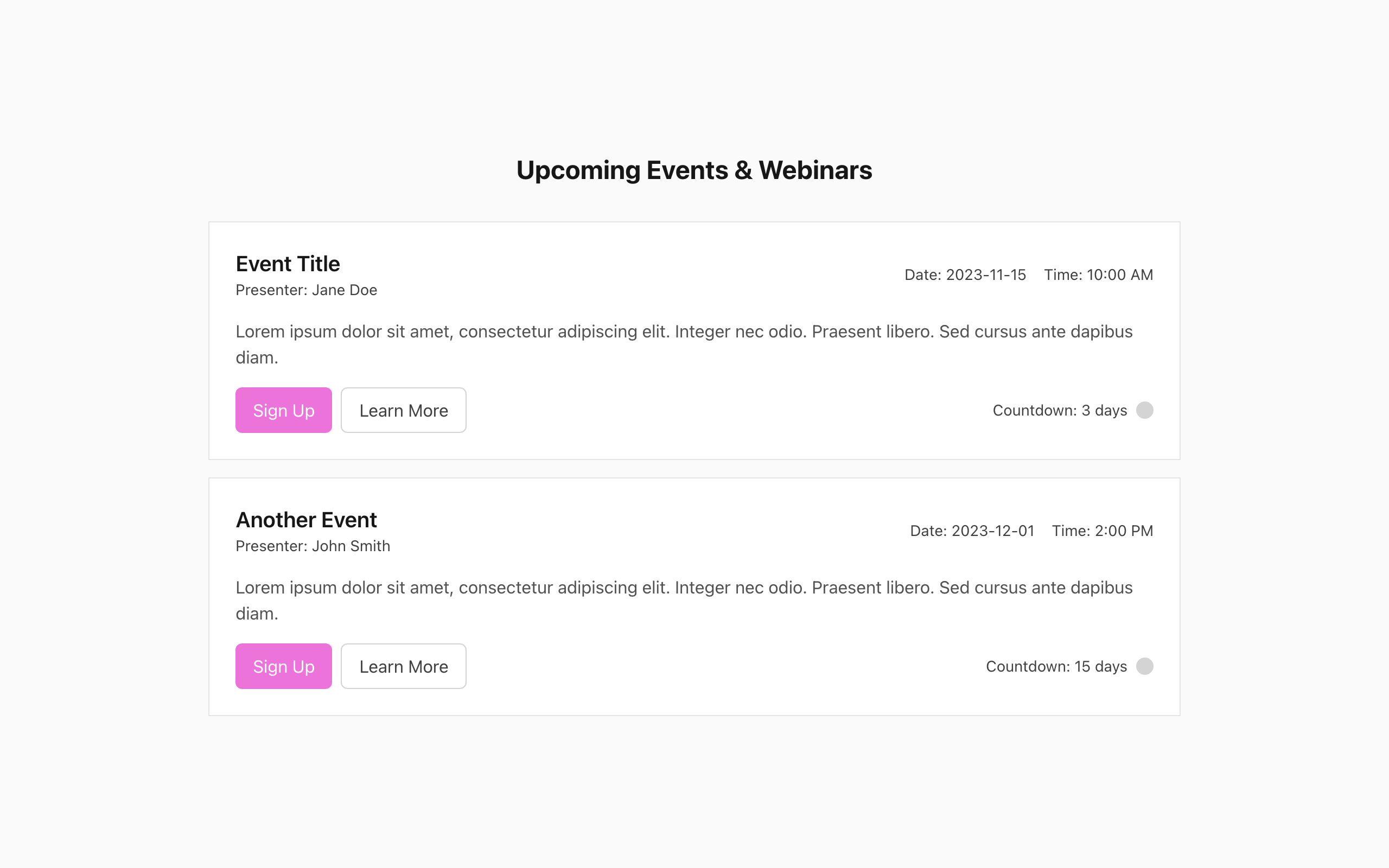 Wireframe example for Events & Webinar Page