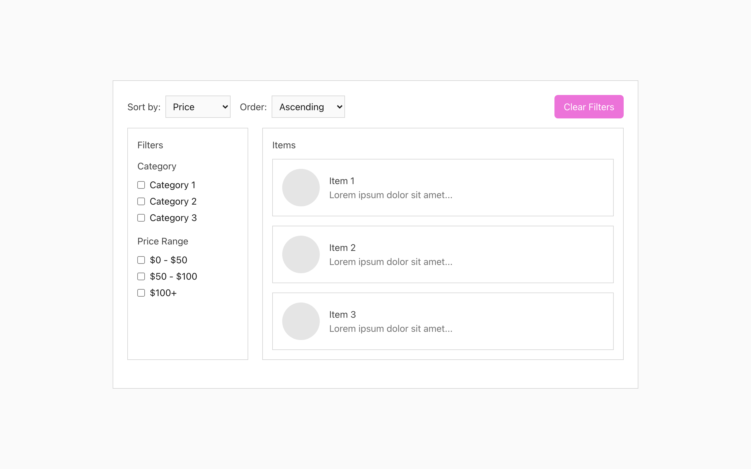 Wireframe example for Filter & Sort