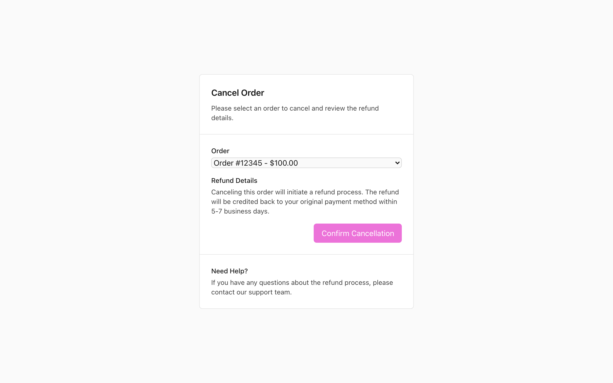 Wireframe example for Canceling Order & Refunding