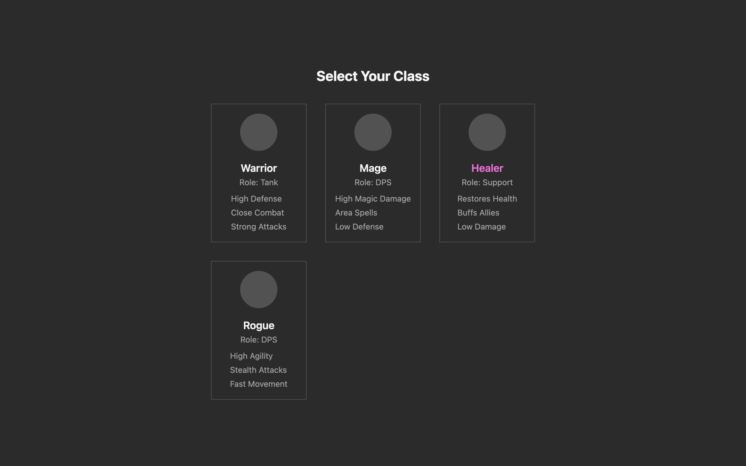 Wireframe example for Class/Job Select Interface