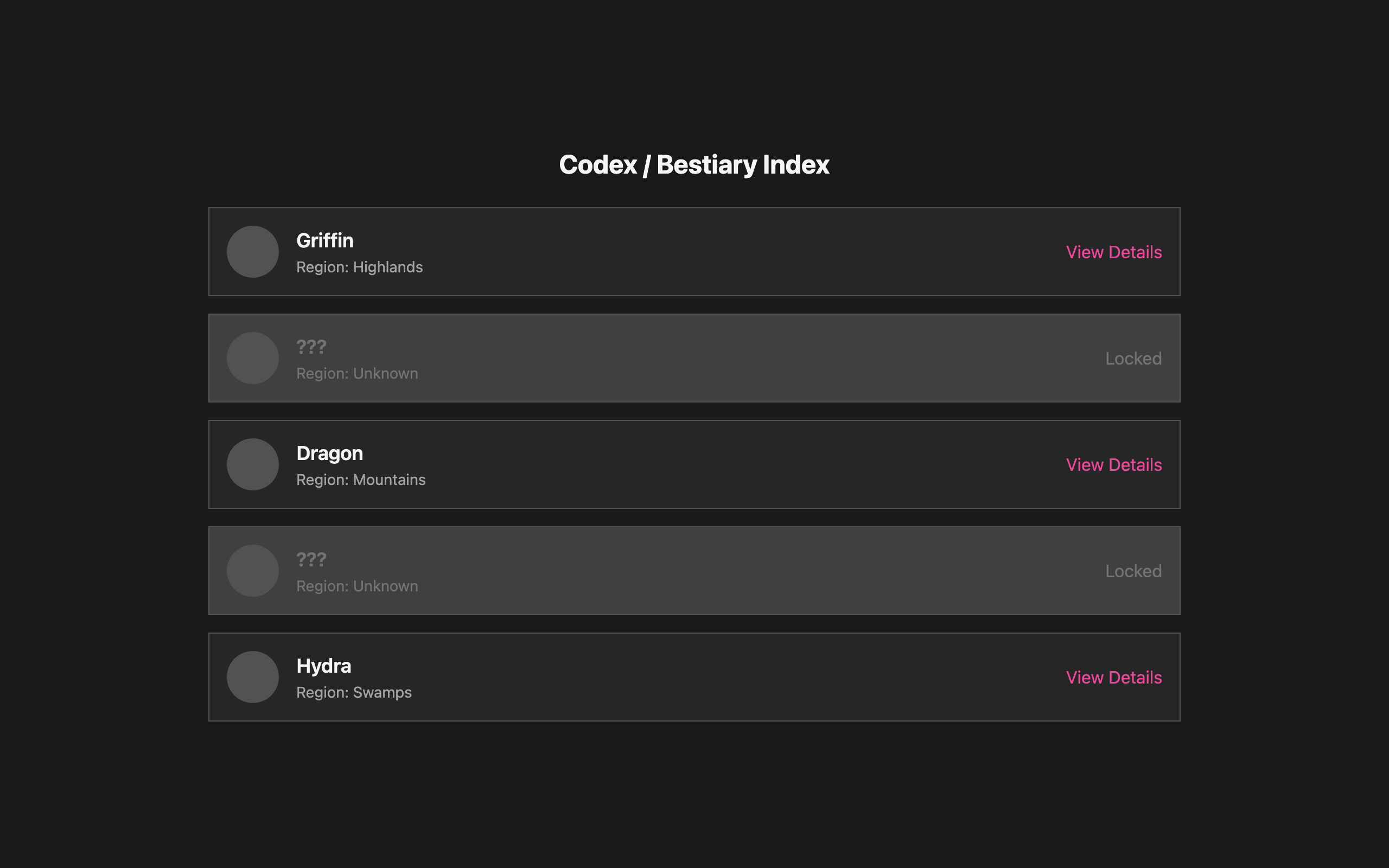 Wireframe example for Codex/Bestiary Index