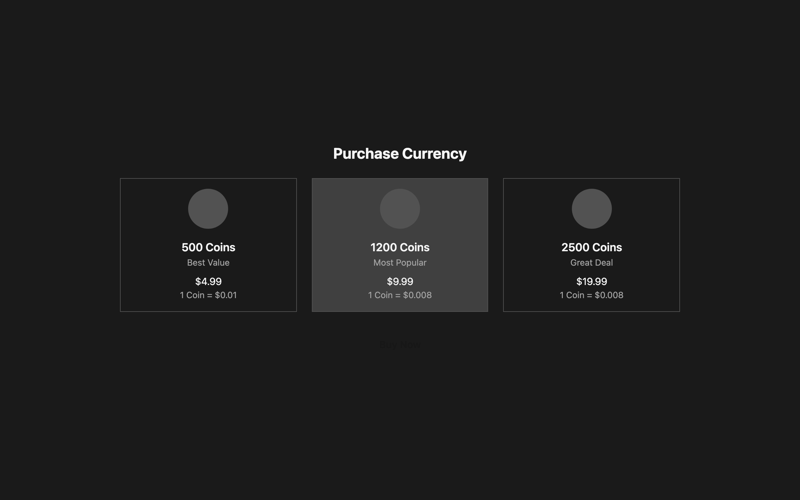 Wireframe example for Currency Purchase Screen