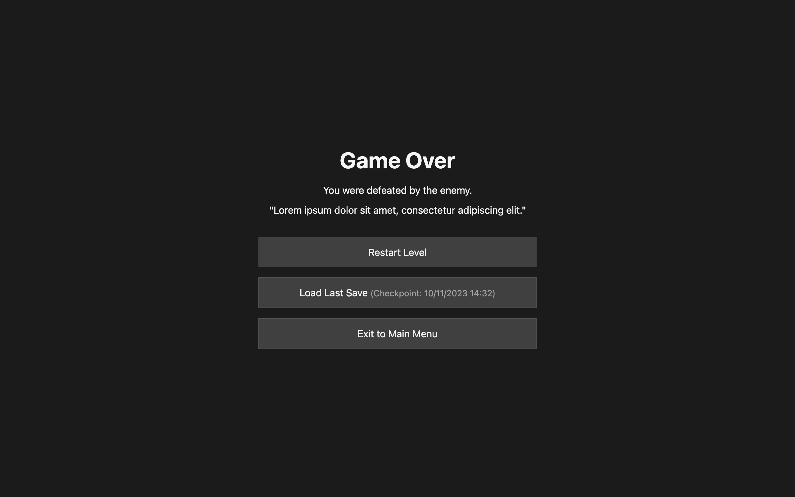 Wireframe example for Death or Game Over Screen