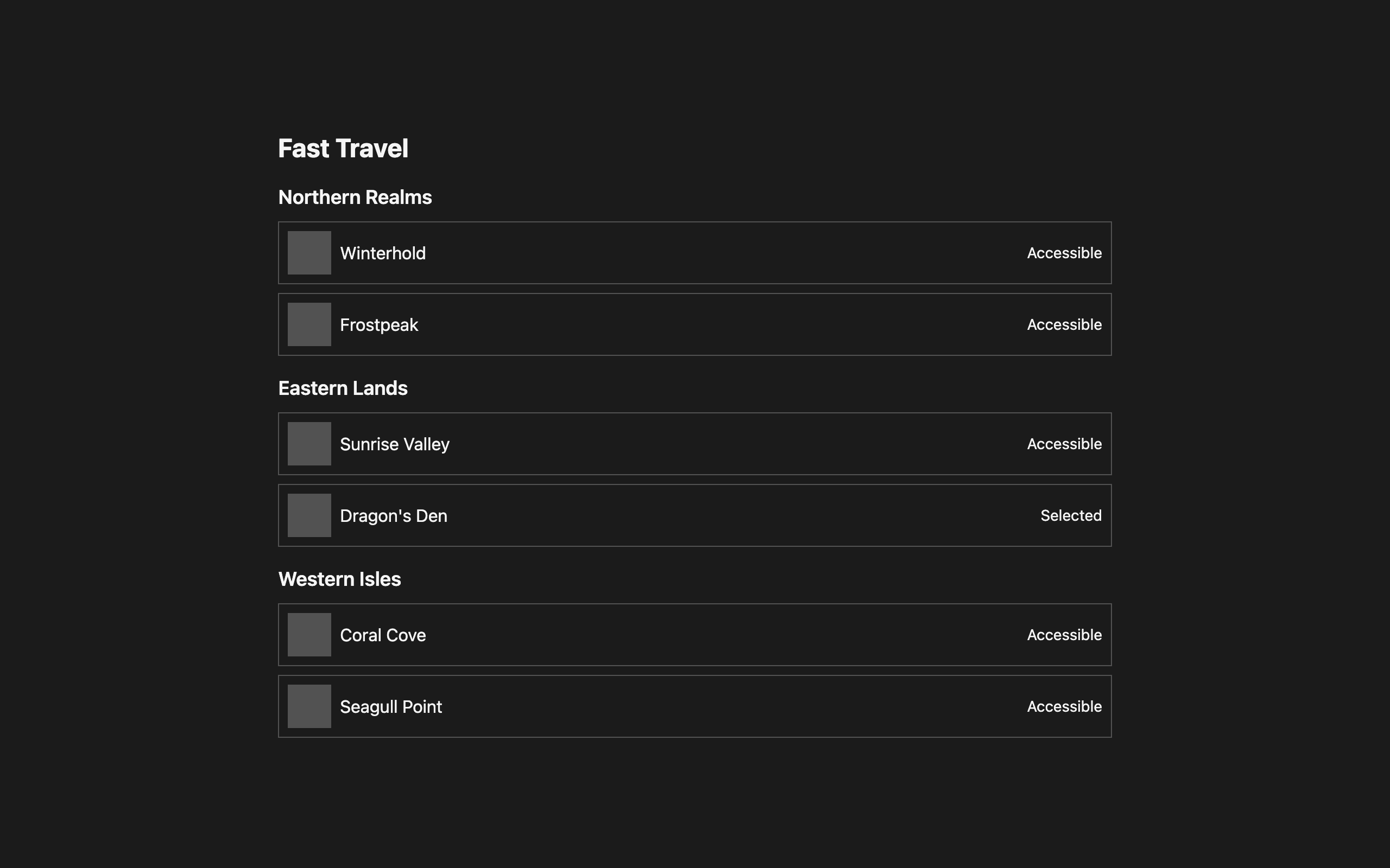 Wireframe example for Fast Travel Interface