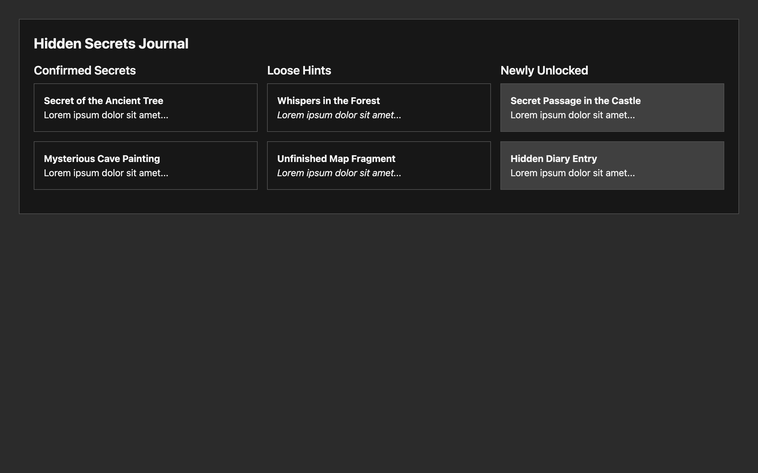 Wireframe example for Hidden Secrets Journal