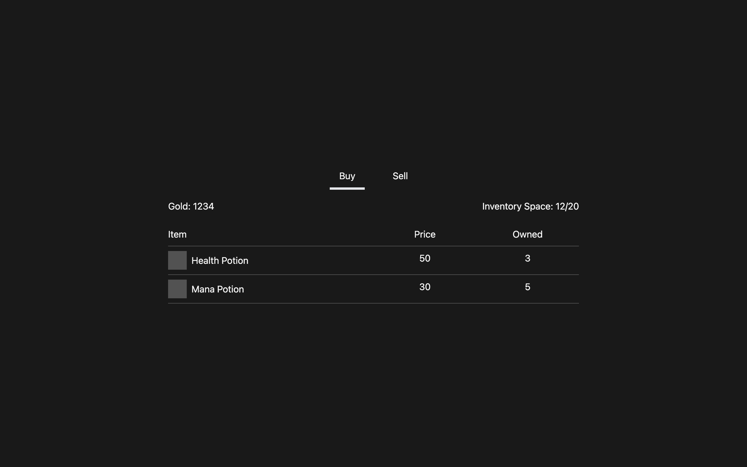 Wireframe example for In-Game Shop Menu