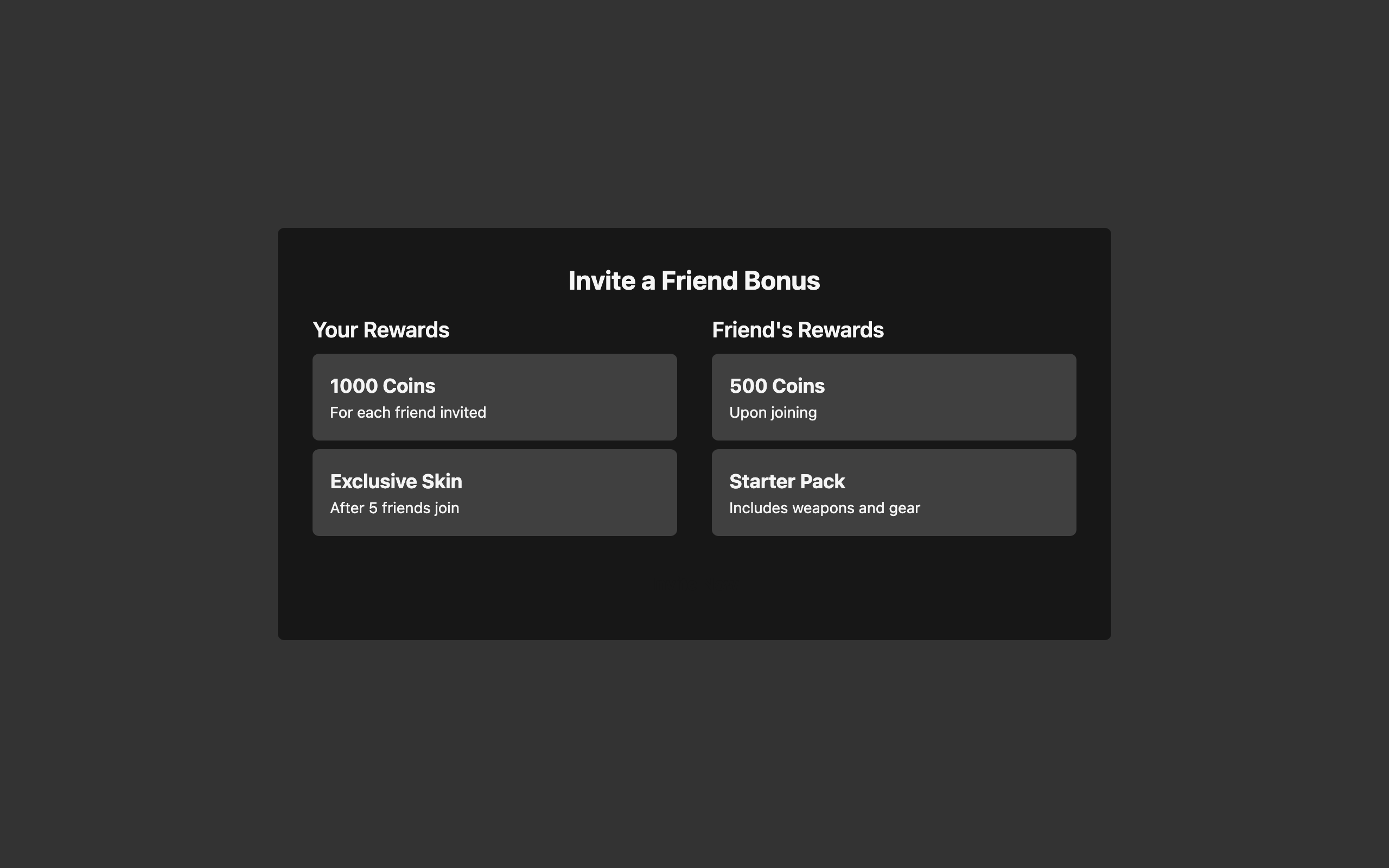 Wireframe example for Invite a Friend Bonus Screen