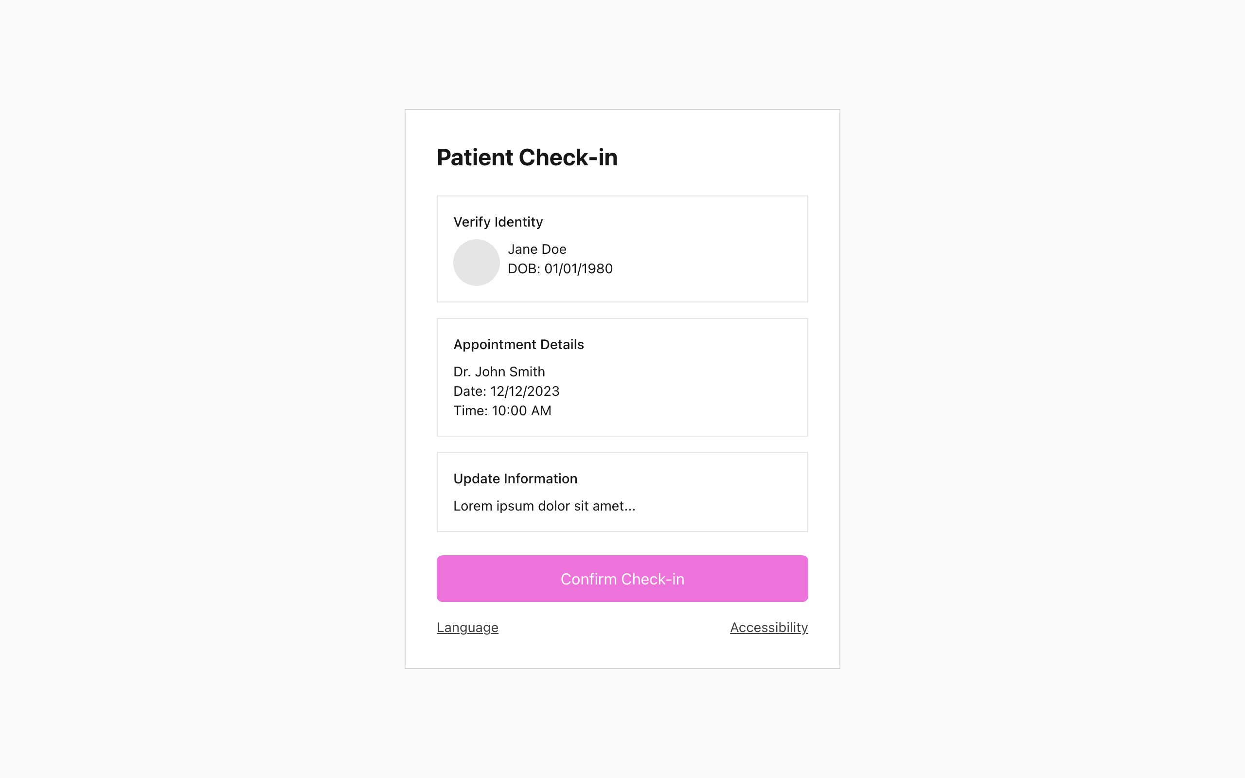 Wireframe example for Hospital Patient Check-in Kiosk