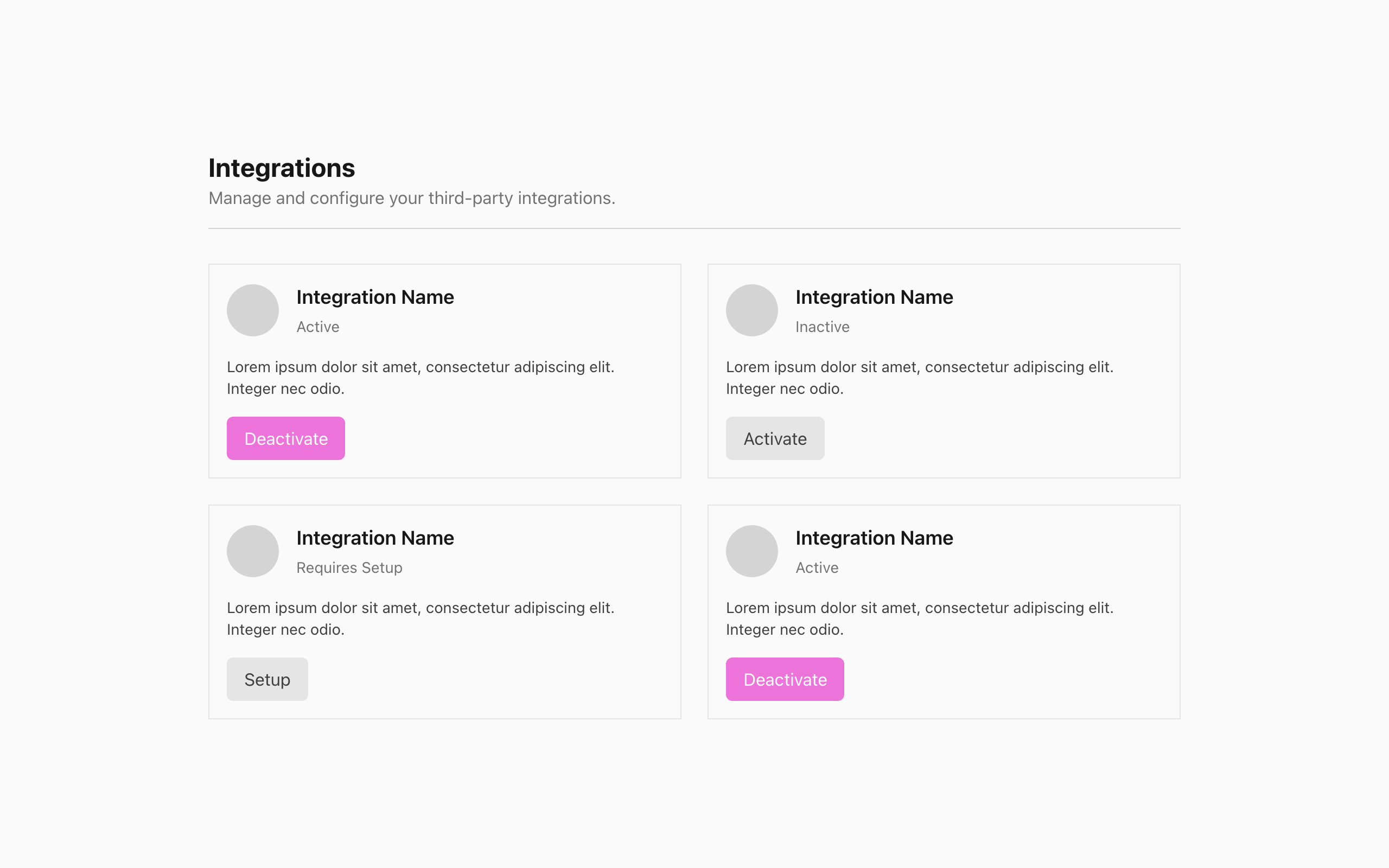 Wireframe example for Integrations Page