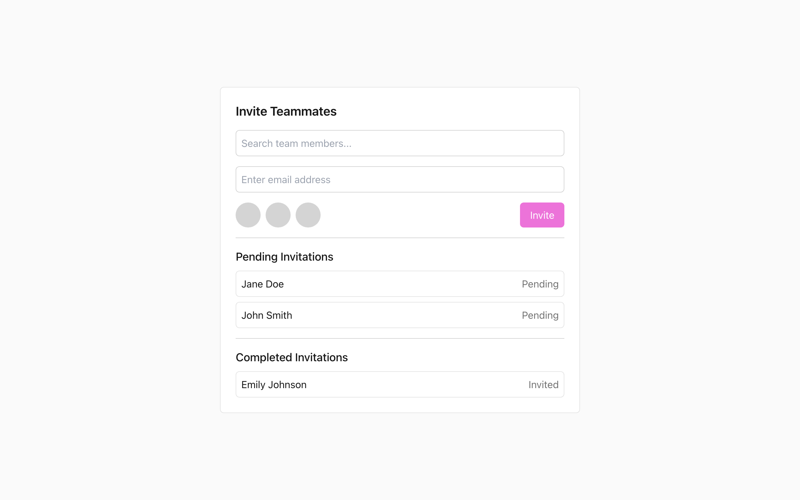 Wireframe example for Invite Teammates