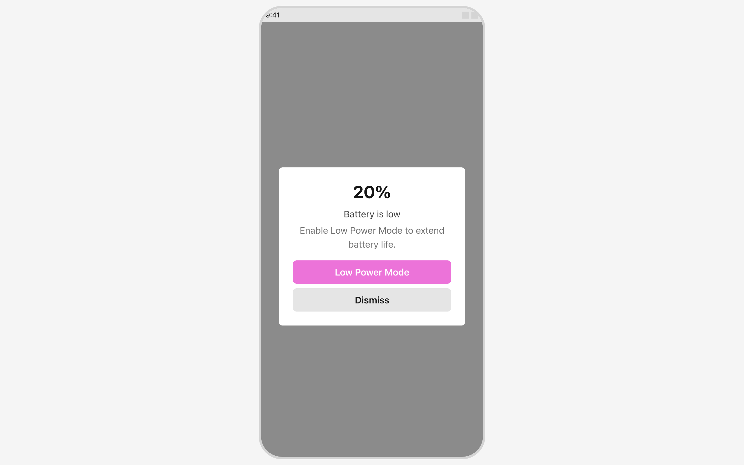 Wireframe example for Low Battery System Alert