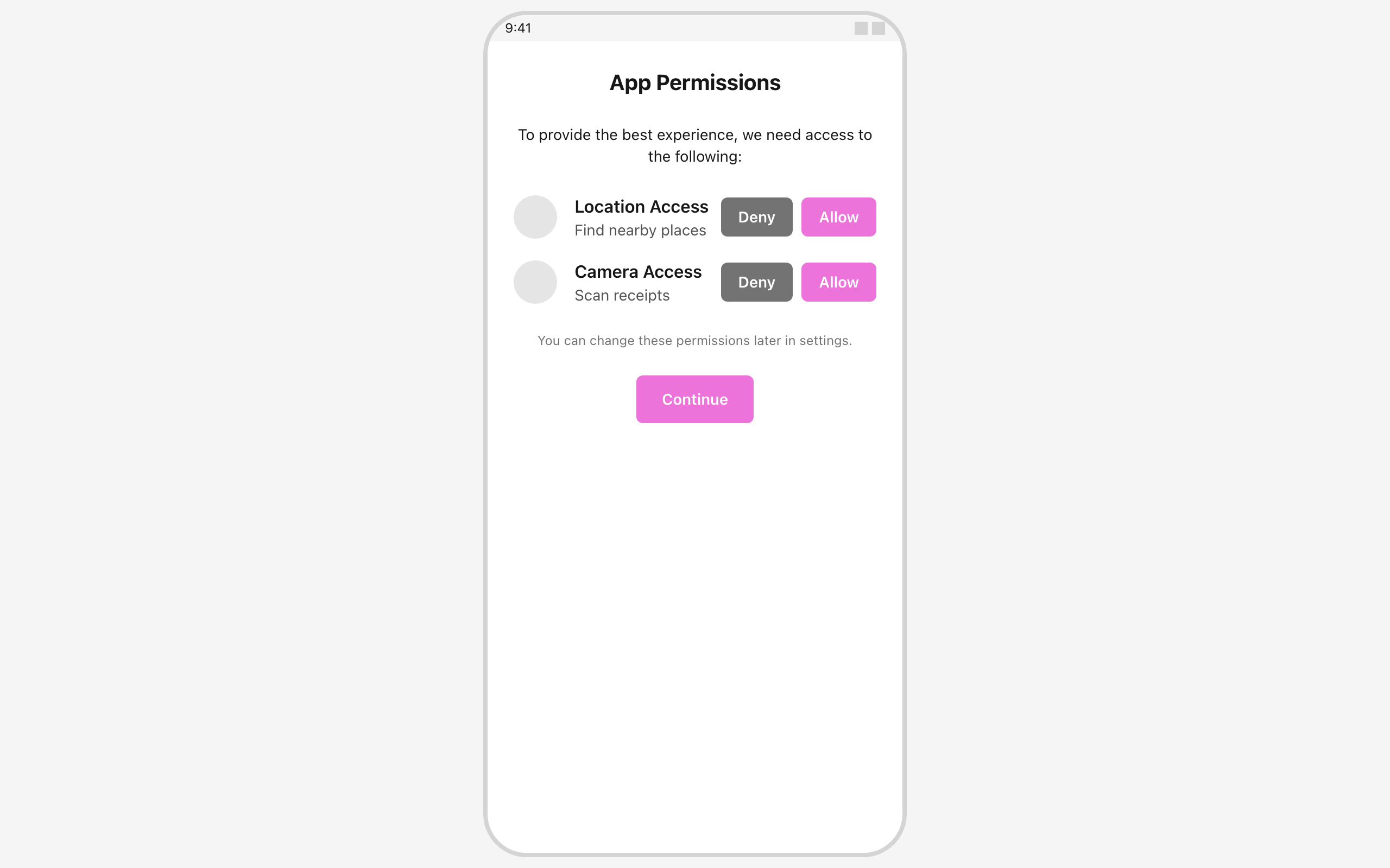 Wireframe example for Permissions Onboarding Screen