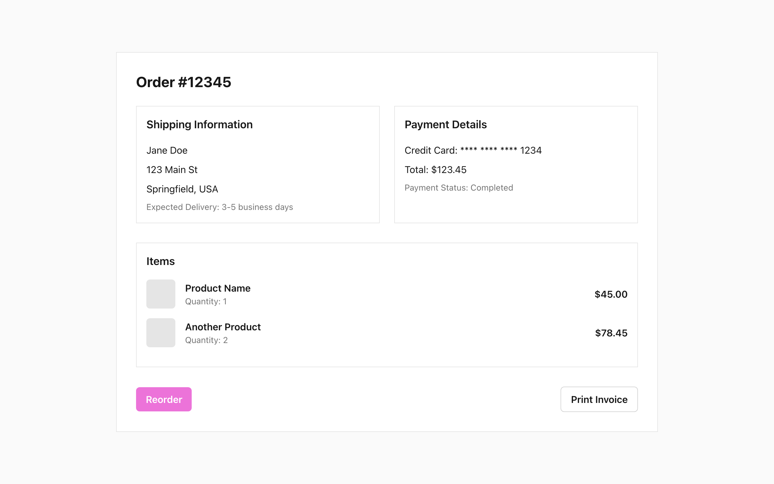 Wireframe example for Order Detail