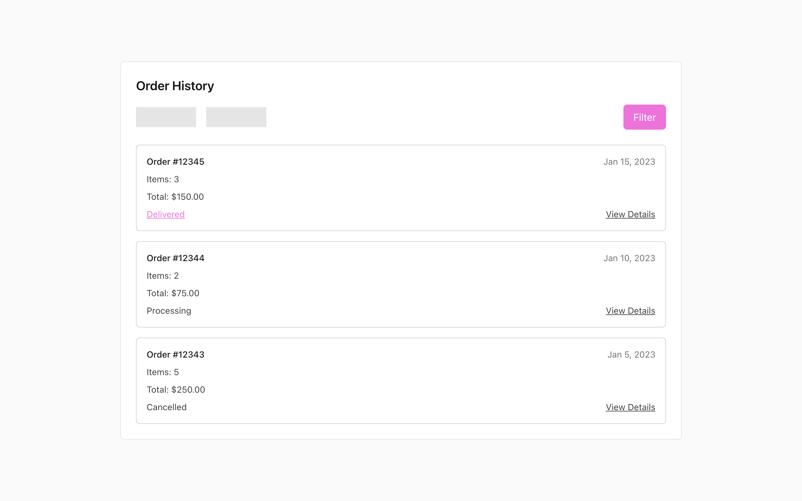 Wireframe example for Order History