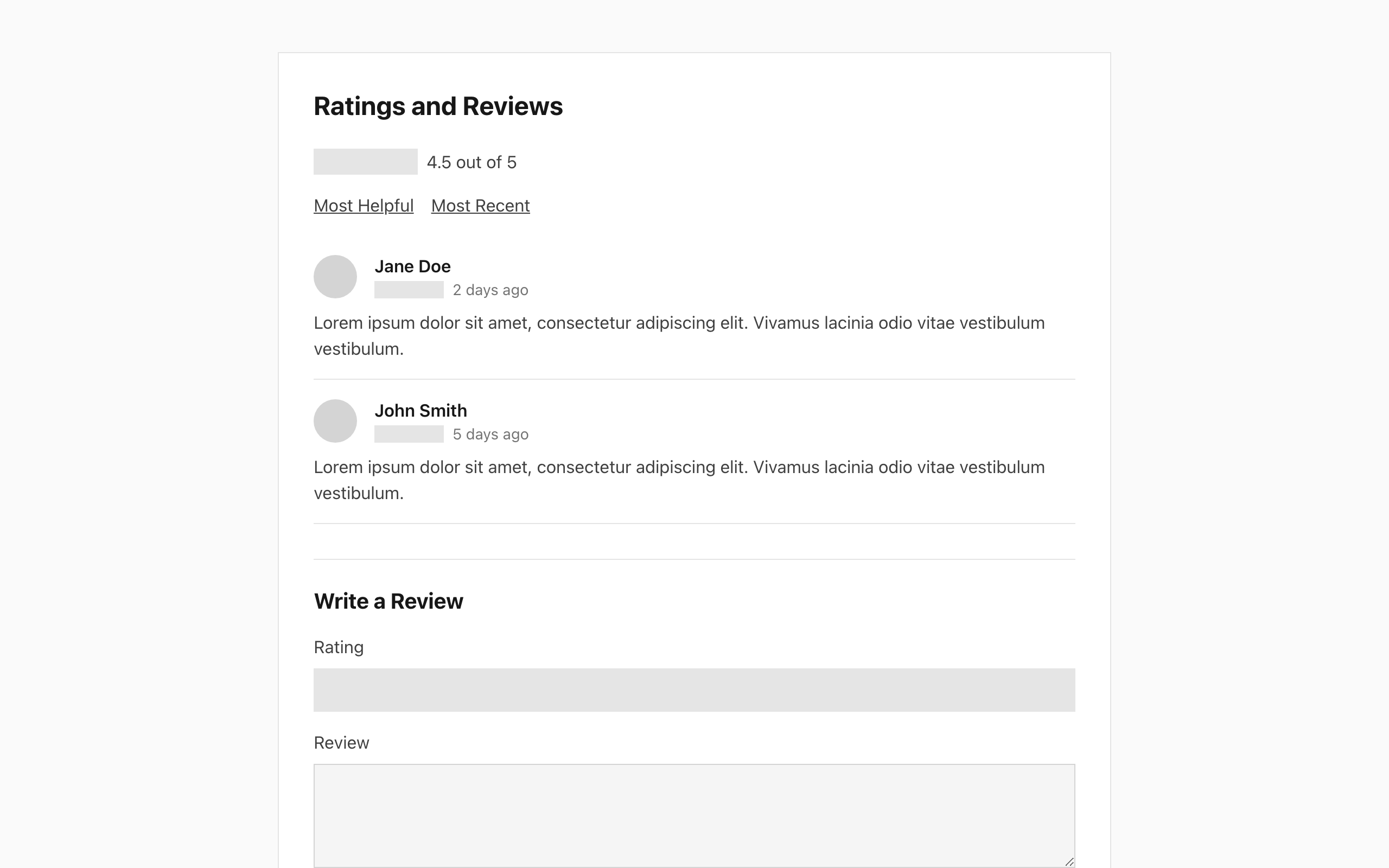 Wireframe example for Ratings and reviews