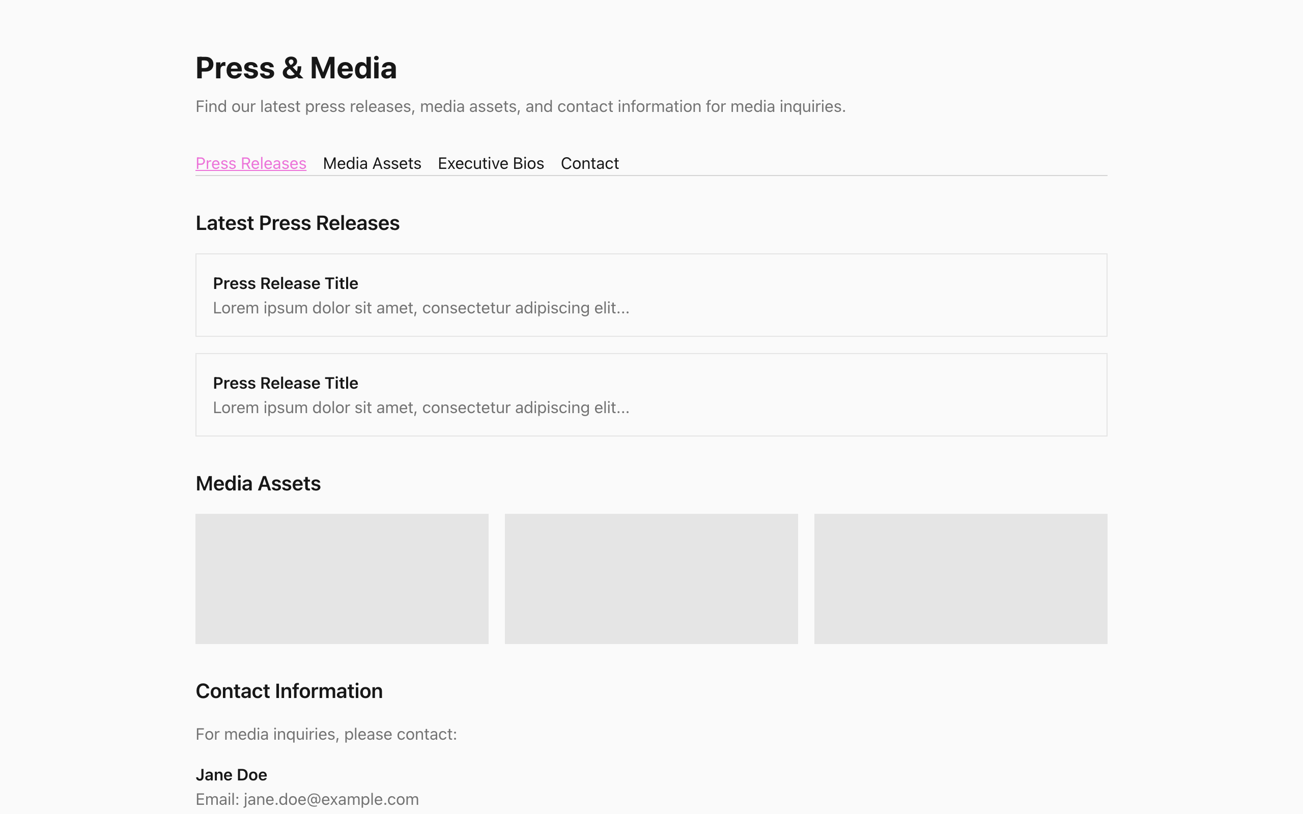 Wireframe example for Press & Media Page