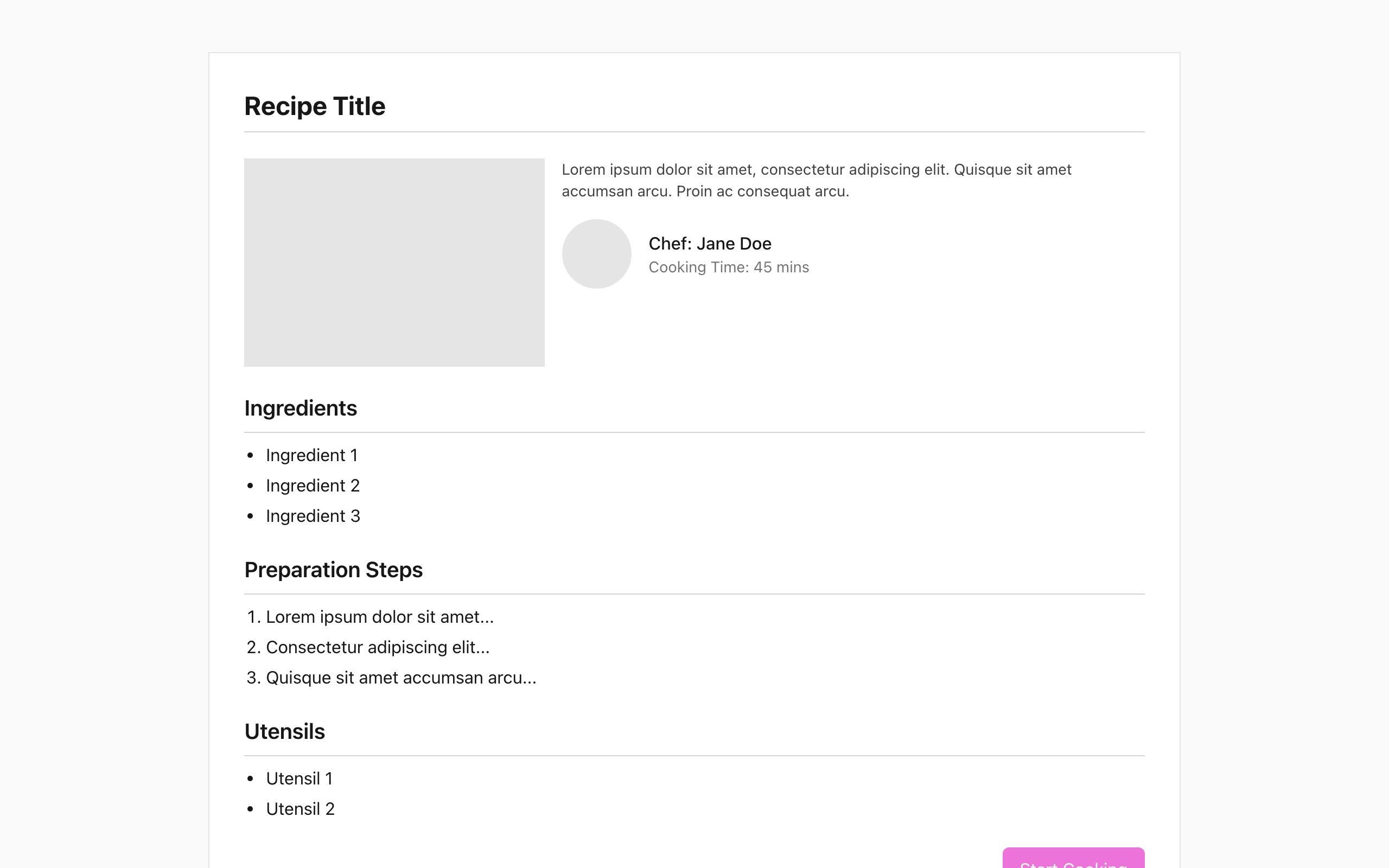 Wireframe example for Recipe Detail