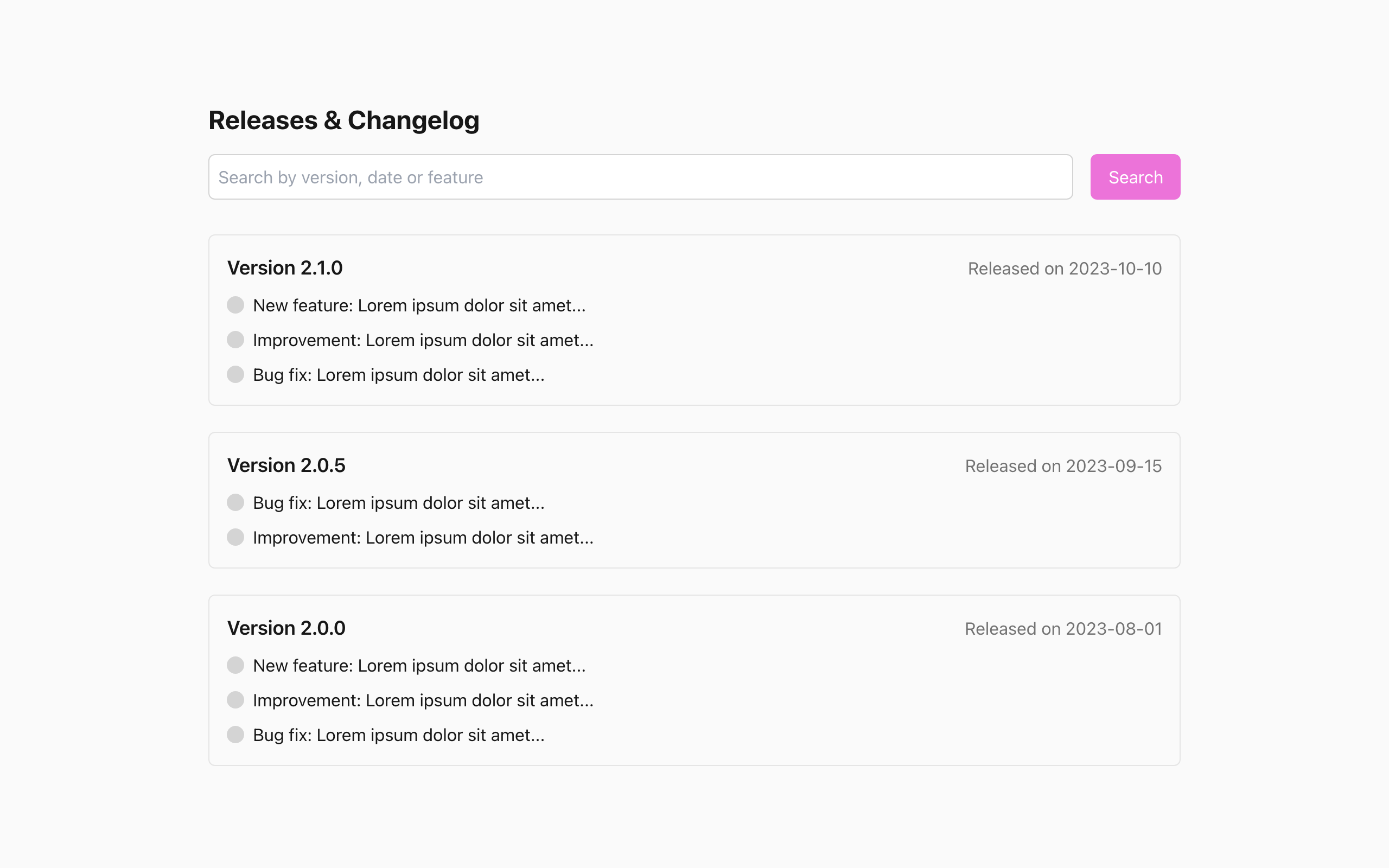 Wireframe example for Releases & Changelog Page