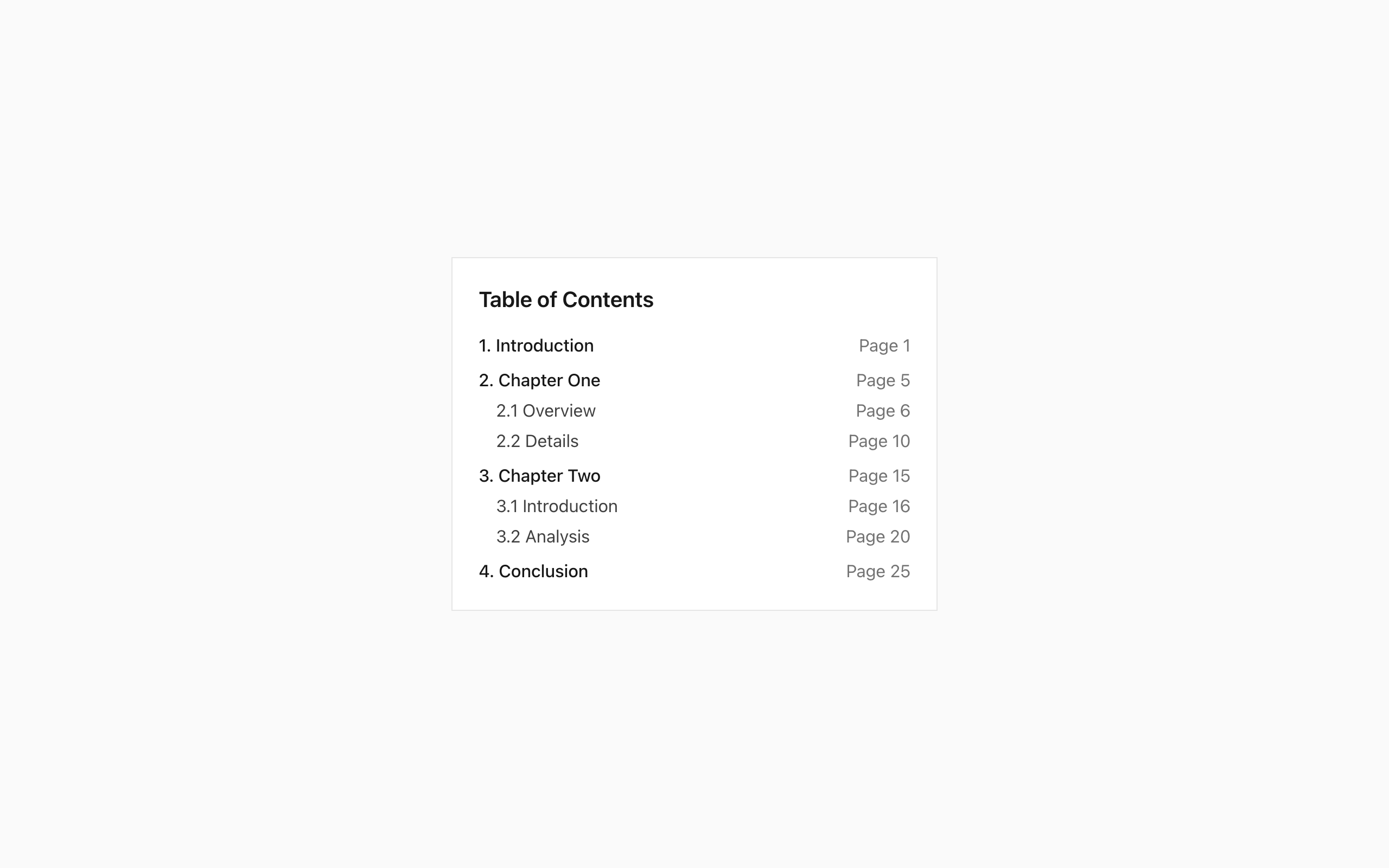 Wireframe example for Table of Contents