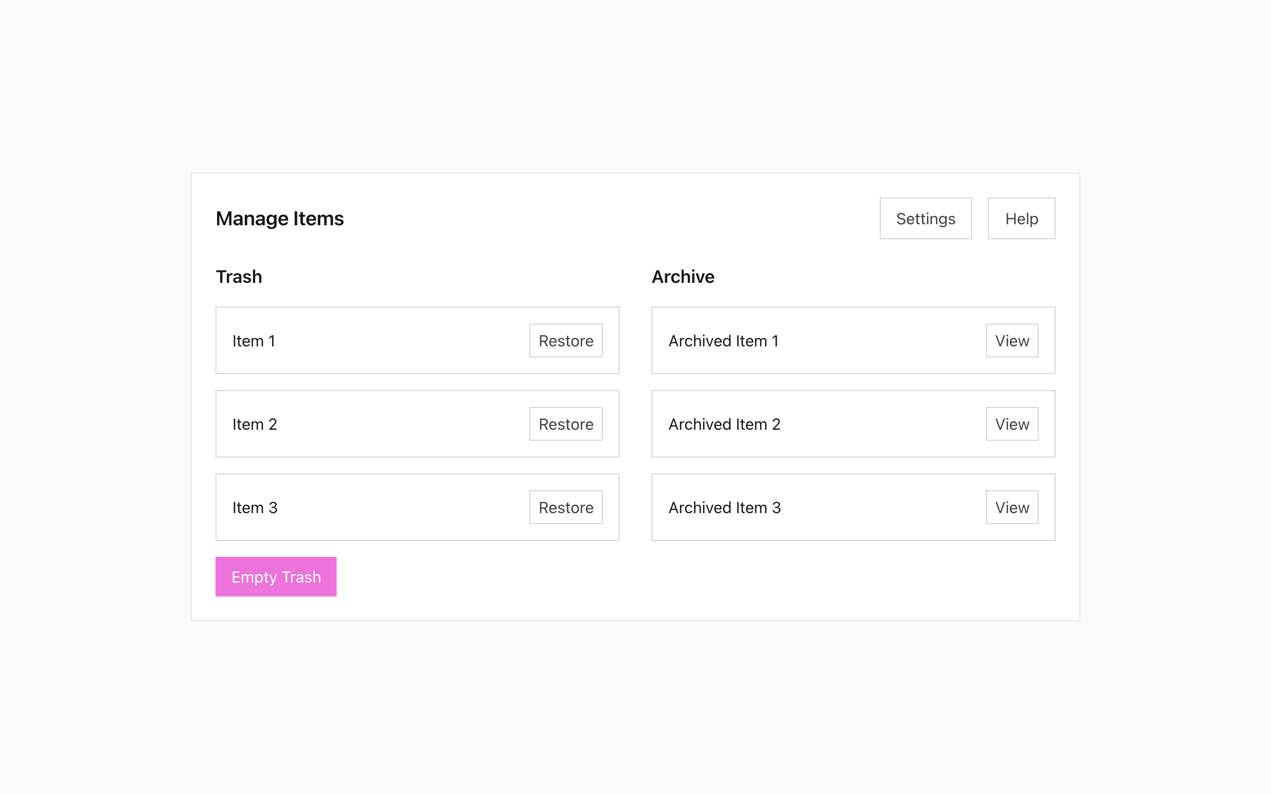 Wireframe example for Trash & Archive